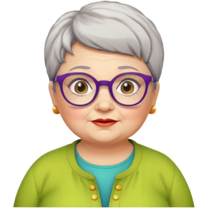 chubby old woman with colorful clothes, short pixie hair and glasses emoji
