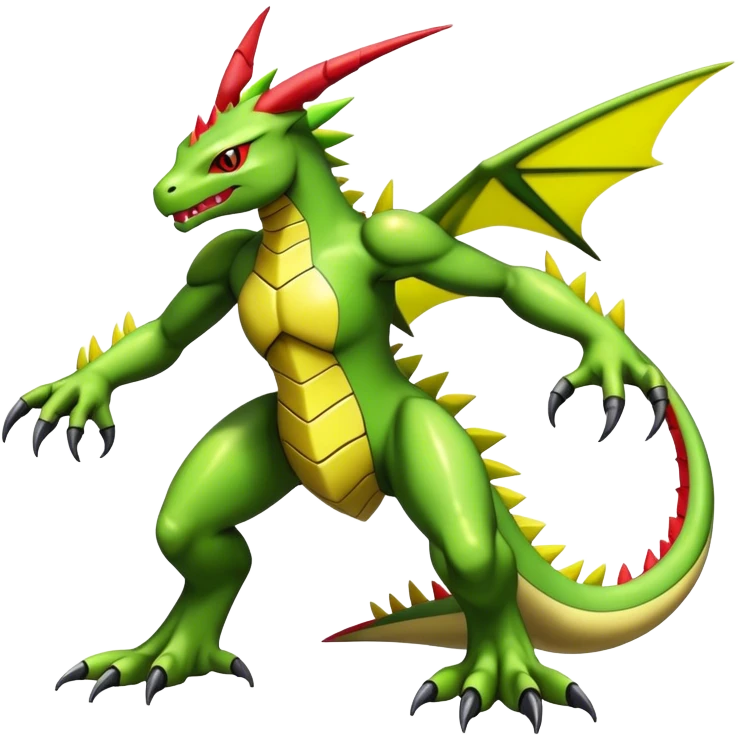 Cool edgy shiny futuristic Guilmon-Flygon-Tyranitar-Digimon-hybrid-fusion, yellow belly, full body emoji