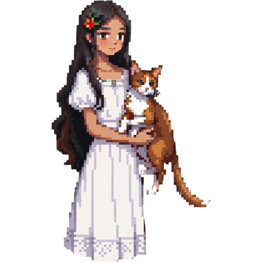 beautiful girl with long black hair wearing a white dress holding an Abyssinian cat with reddish-brown fur in her arms, side view emoji