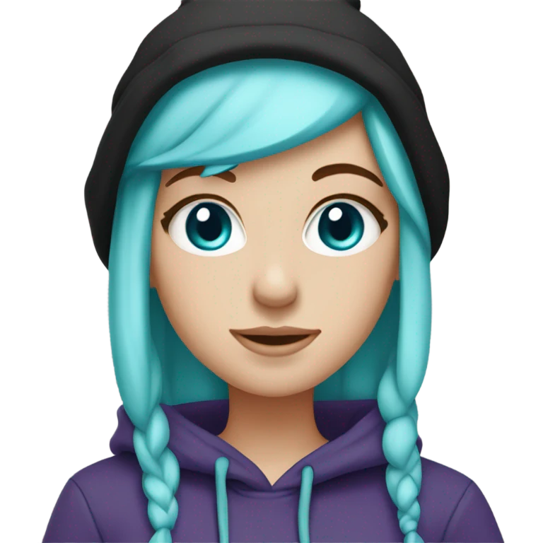 White girl, blue eyes, long teal hair, purple beanie hat, black hoodie emoji