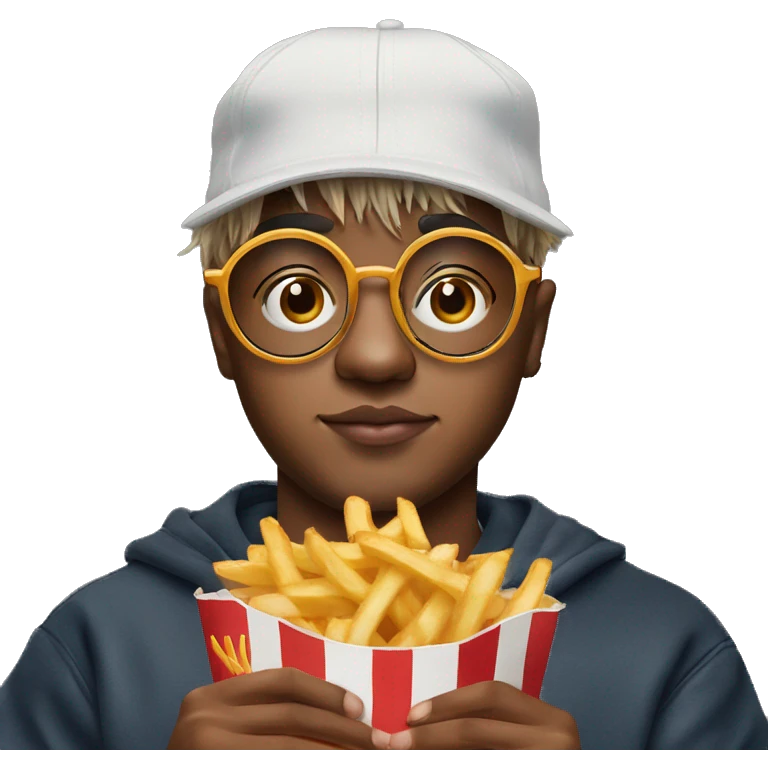 Juice WRLD holding fries wearing a grandad cap and circle frame glasses emoji
