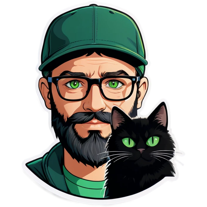 A bold man with a grey baseball cap, green eyes, big beard and glasses holding a black cat emoji