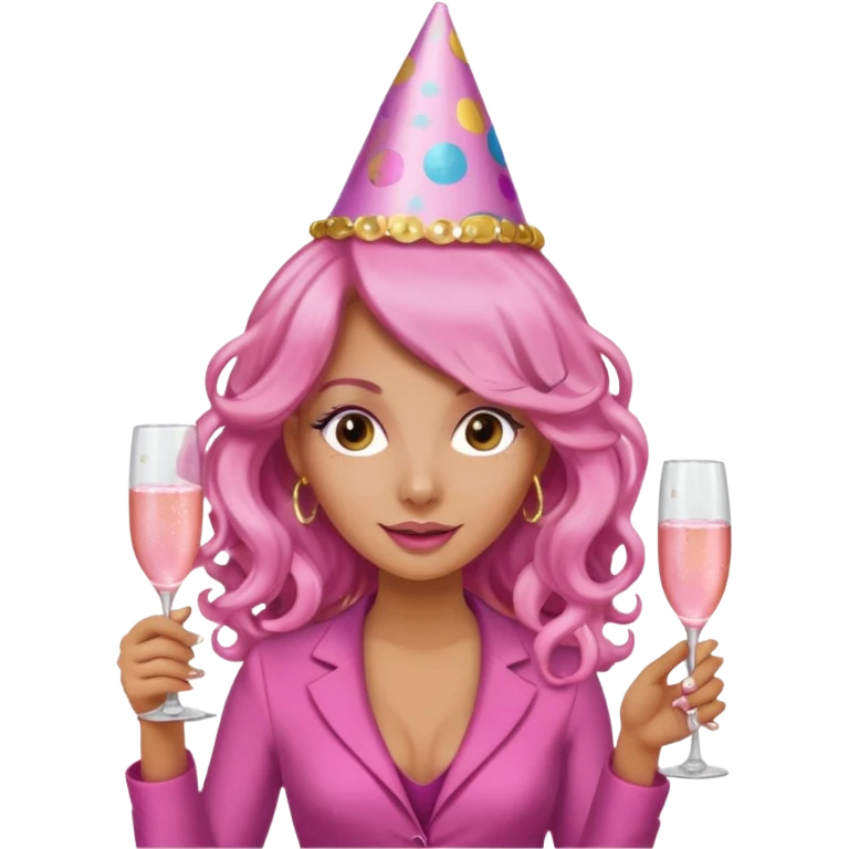 One lady with long pink curled hair and tan skin holding a glass of  pink champagne in each hand emoji