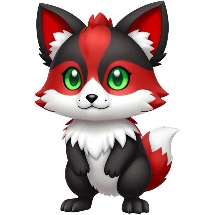 Cute cool black red animal hybrid Fakemon full body, green eyes, white belly, white muzzle emoji