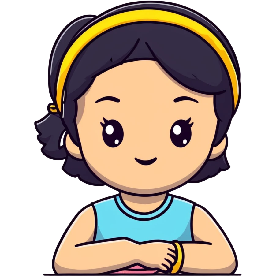 lightskin young girl with black straight hair and dark eyes, wearing a headband, cheerful emoji