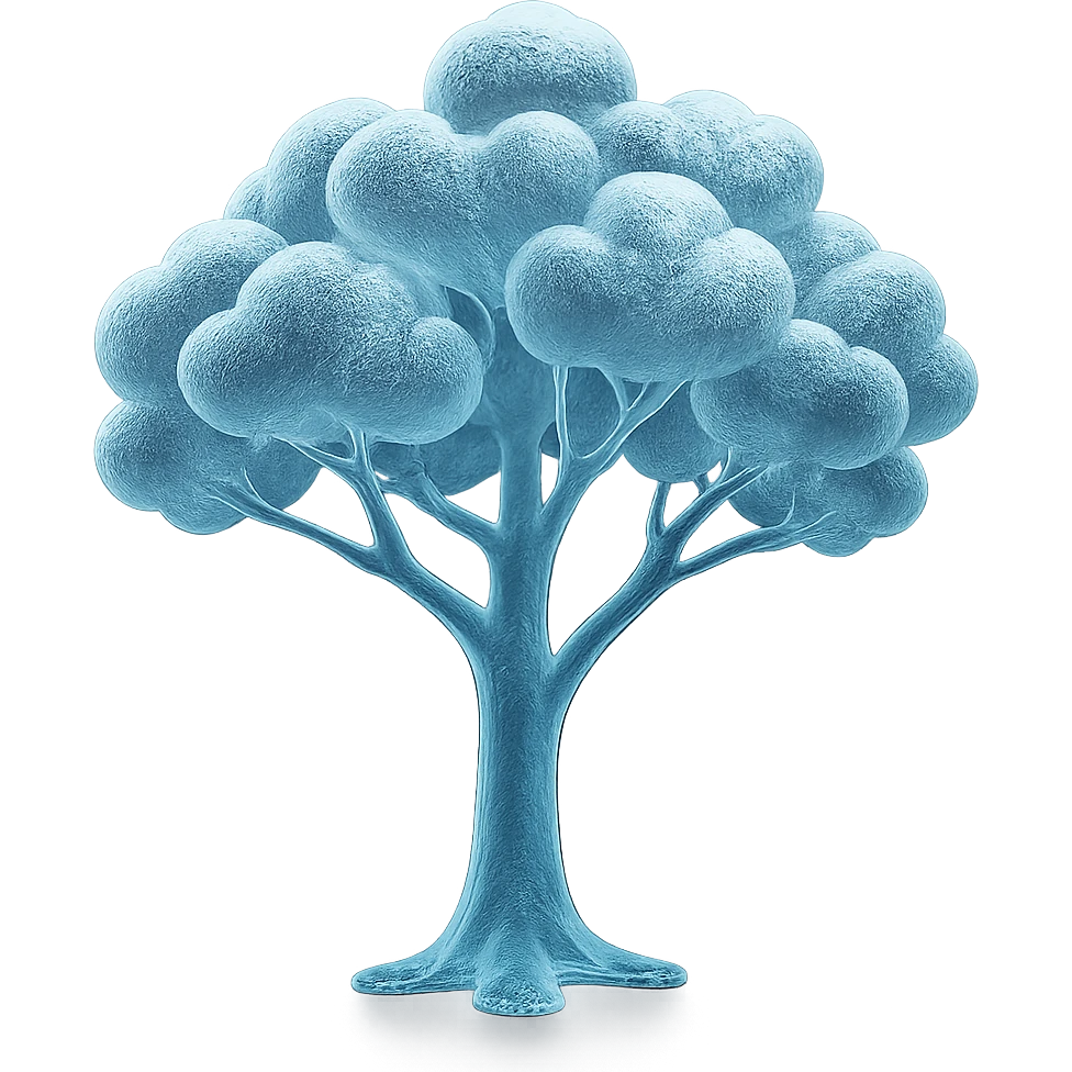 one tree with many branches and a white trunk, crown made of small very bright white fluffy convex clouds, matte glass style emoji