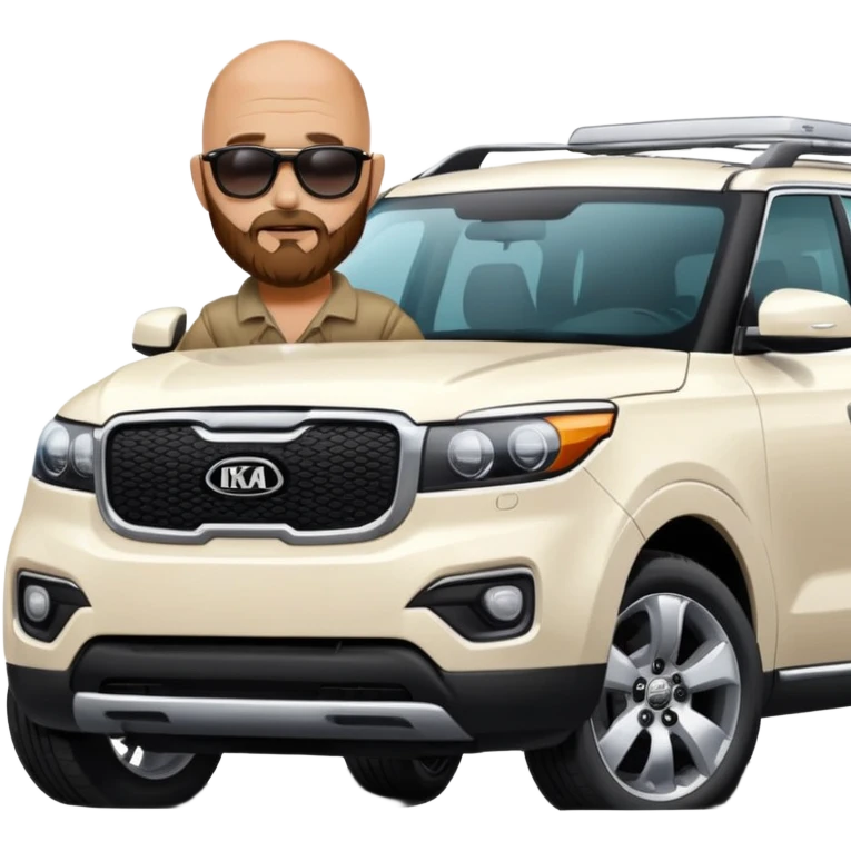 bald man with beard sitting on top of a white Kia Mohave SUV emoji
