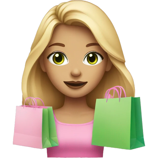 cute dark blonde with green eyes wearing pink surrounded by pink shopping bags emoji