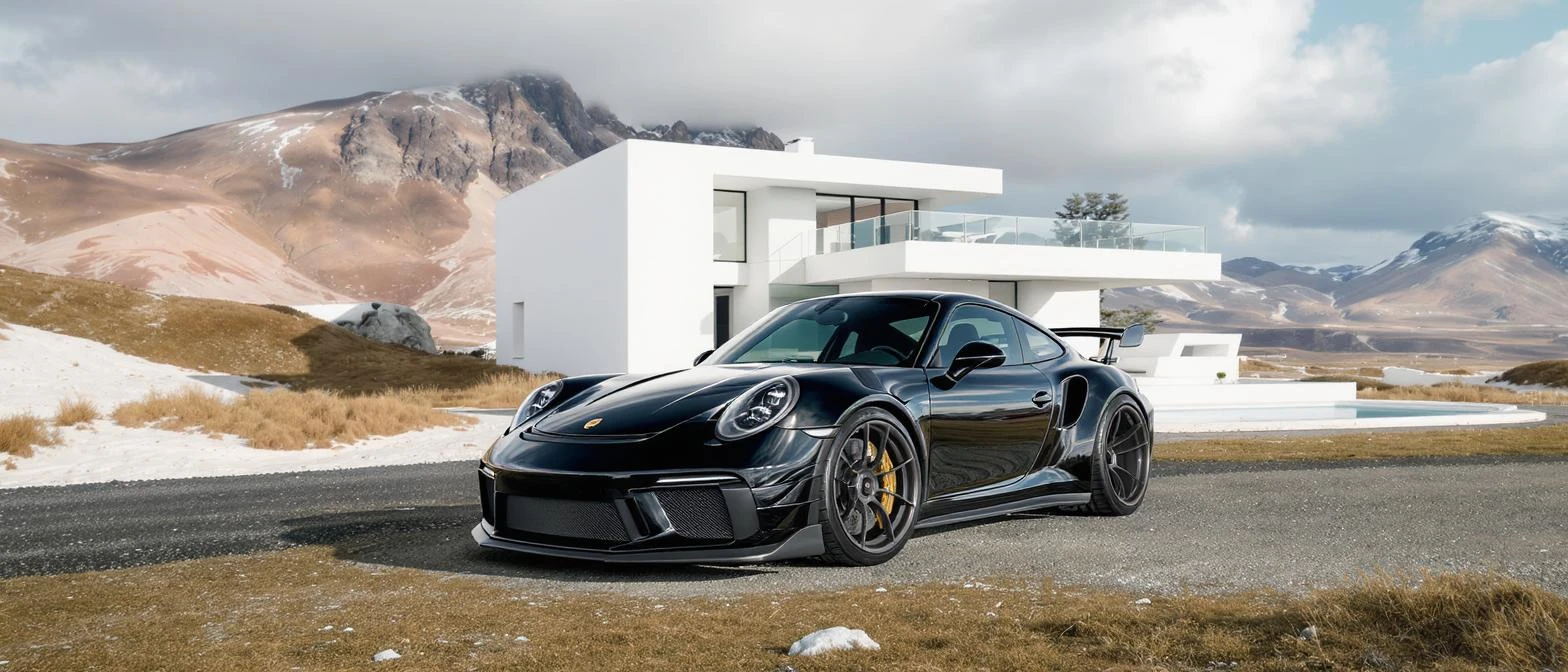 black porsche 911 with bodykit, in background is modern huge two flors white villa, in distance are iceland mountains, rule of thirds, shot on gopro hero, noise camera emoji