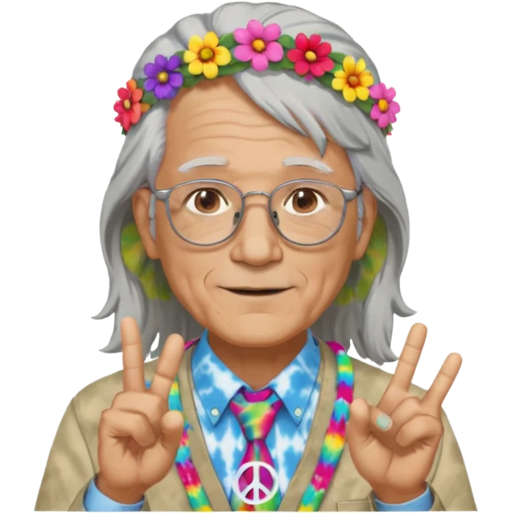 elderly man with long grey hair, glasses, peace sign necklace, tie-dye clothing, flower crown emoji