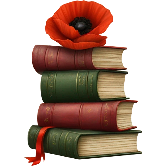 A vintage stack of books with scarlet poppies and a velvet bow emoji