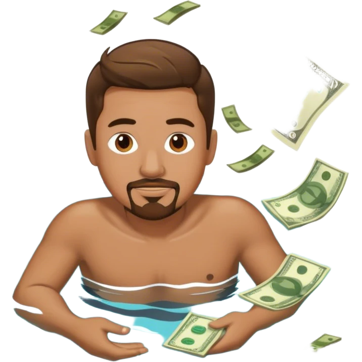 Man with short brown hair and goatee swimming in money  emoji