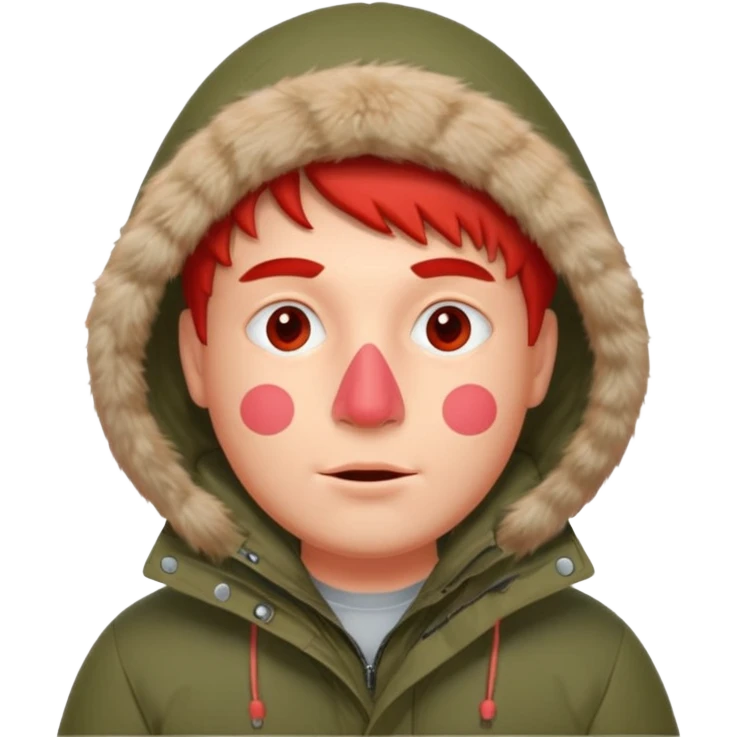man in parka, red face emoji