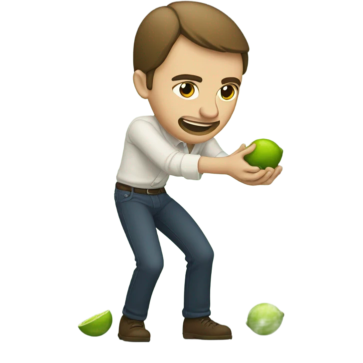 The same white man with brown hair bending down to pick up many fallen limes on the floor . emoji
