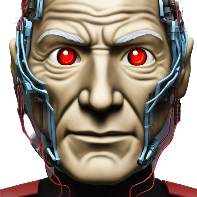 Jean luc picard from Star Trek assimilated by the Borg, with mechanical metal covering the left side of his face, with wires and a red light on the left side. His eyes are blue emoji