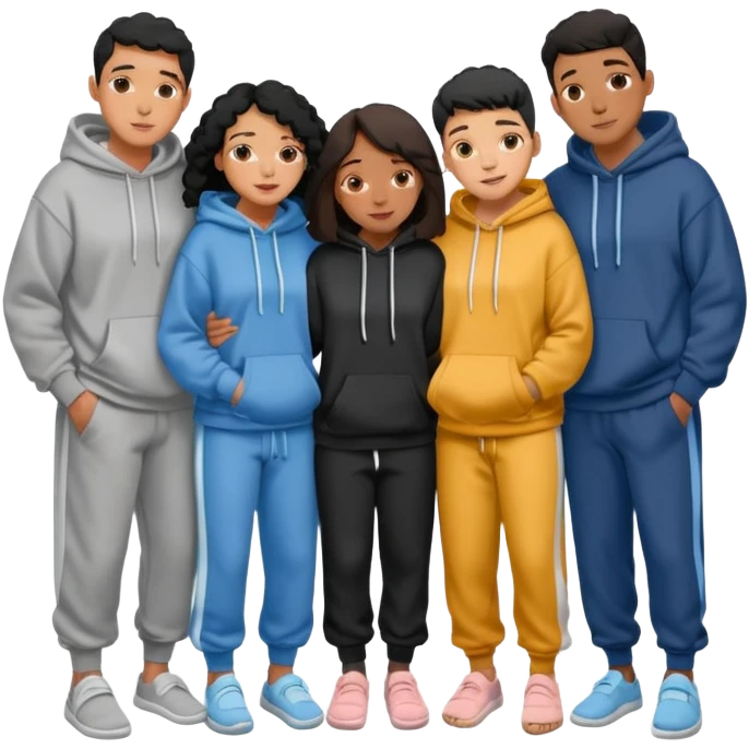 four mixed race friends all wearing oversized hoodies, sweatpants, and slides huddled together hugging emoji