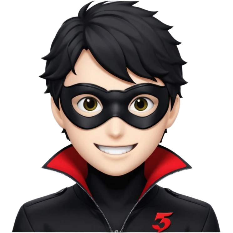 Akira persona 5 in a sleek black mask, playful eyes showing emoji