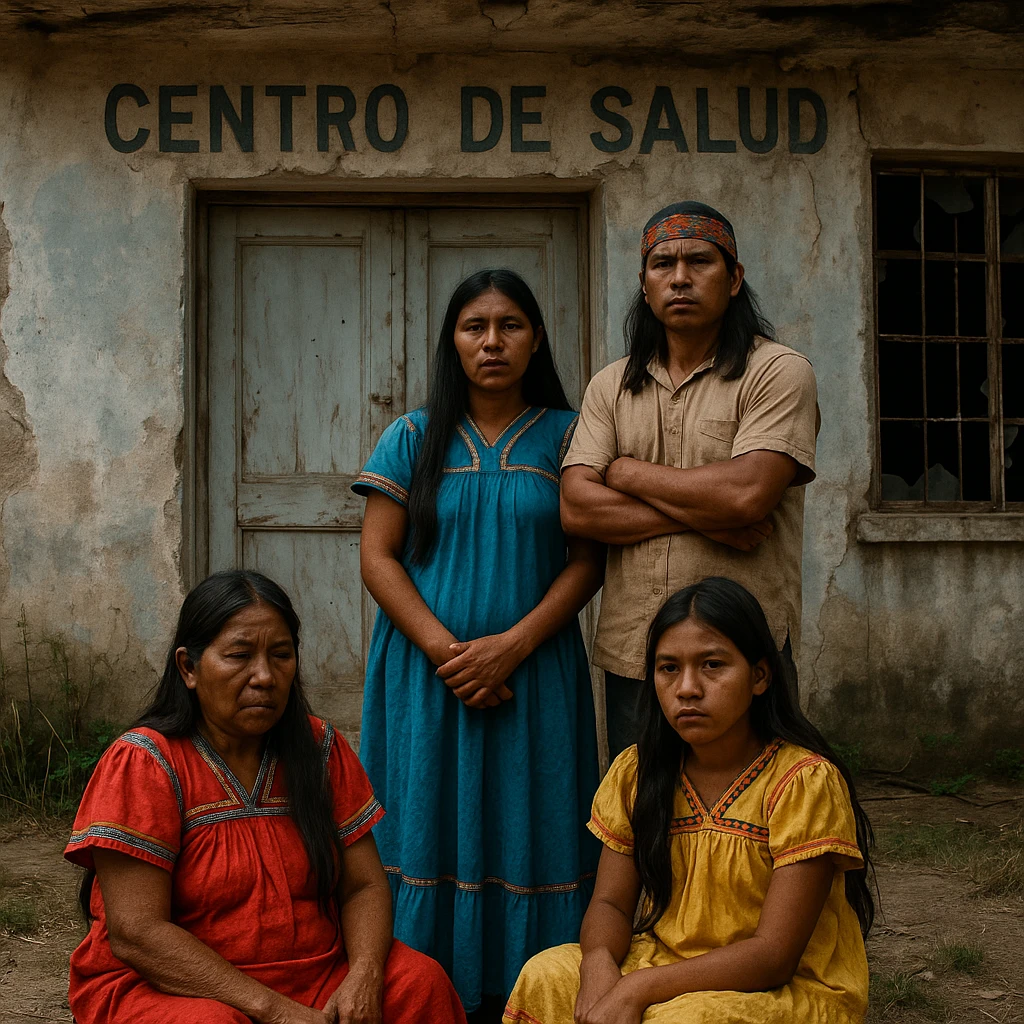 Costa Rican indigenous people in front of a closed or dilapidated medical center, reflecting lack of access to health services emoji