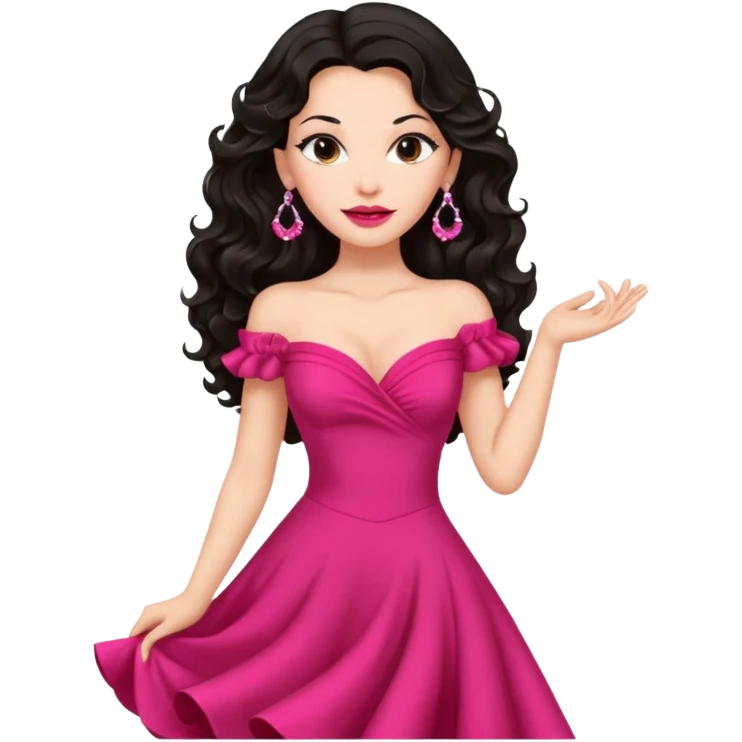 mature confident brunette girl with long black wavy hair, pink lipstick, red dance dress, big earrings emoji