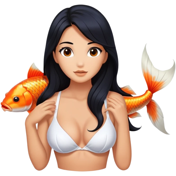 mermaid, long black hair tanned woman, koi fish tail, white shell bra emoji