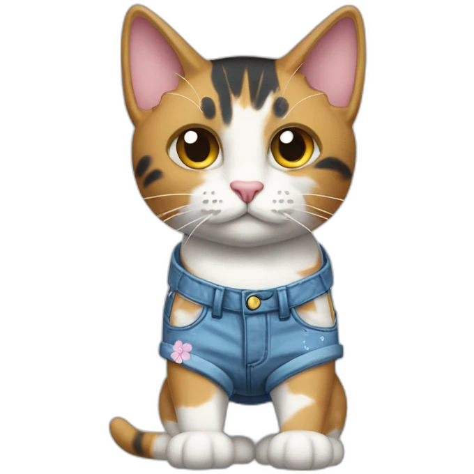 Purradise Meowscles is a buff calico cat  he has a mullet, a floral designed t shirt that is unbuttoned and blue and white stripped shorts emoji