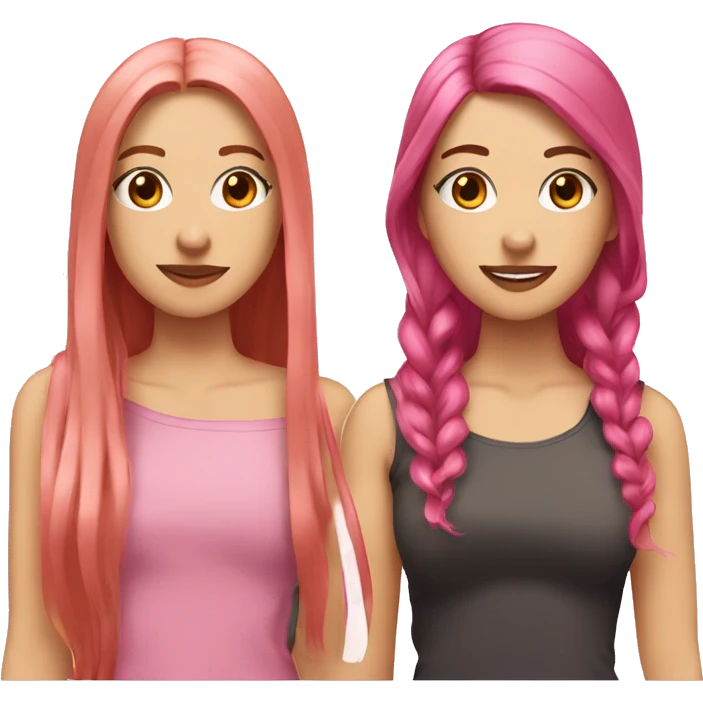 two besties, one shoulder length straight pink hair, the other long wavy brown hair both are white emoji