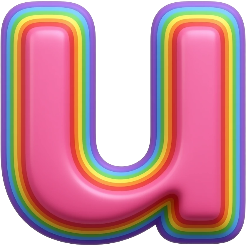 name "u" in raspberry pink, 3D style typography lettering, each color of the rainbow as a border outlined around each letter, isolated, 3d rendering, no emoji icons no emoji faces and must have no human figures emoji