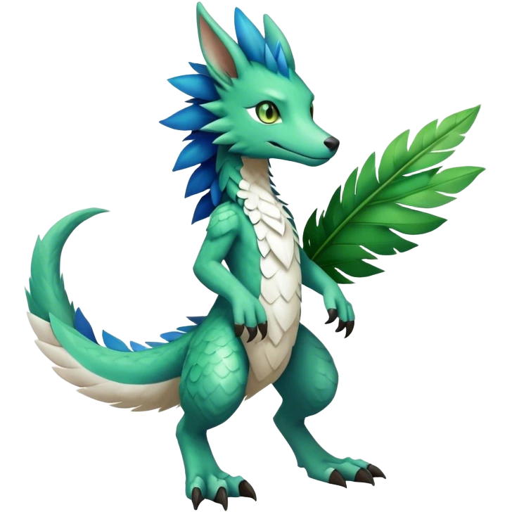 Cute cool fantasy animal hybrid Sergal-Digimon-Fakemon full body, green scales, green leaves, brown eyes, blue feathers emoji