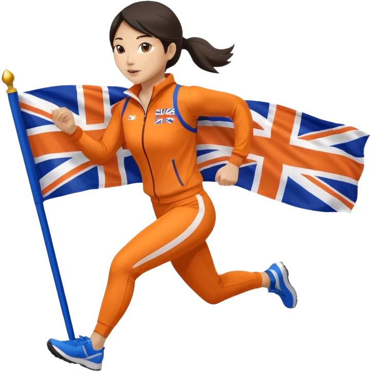 asian woman in orange sport suit and holding uk flag on the back, running emoji