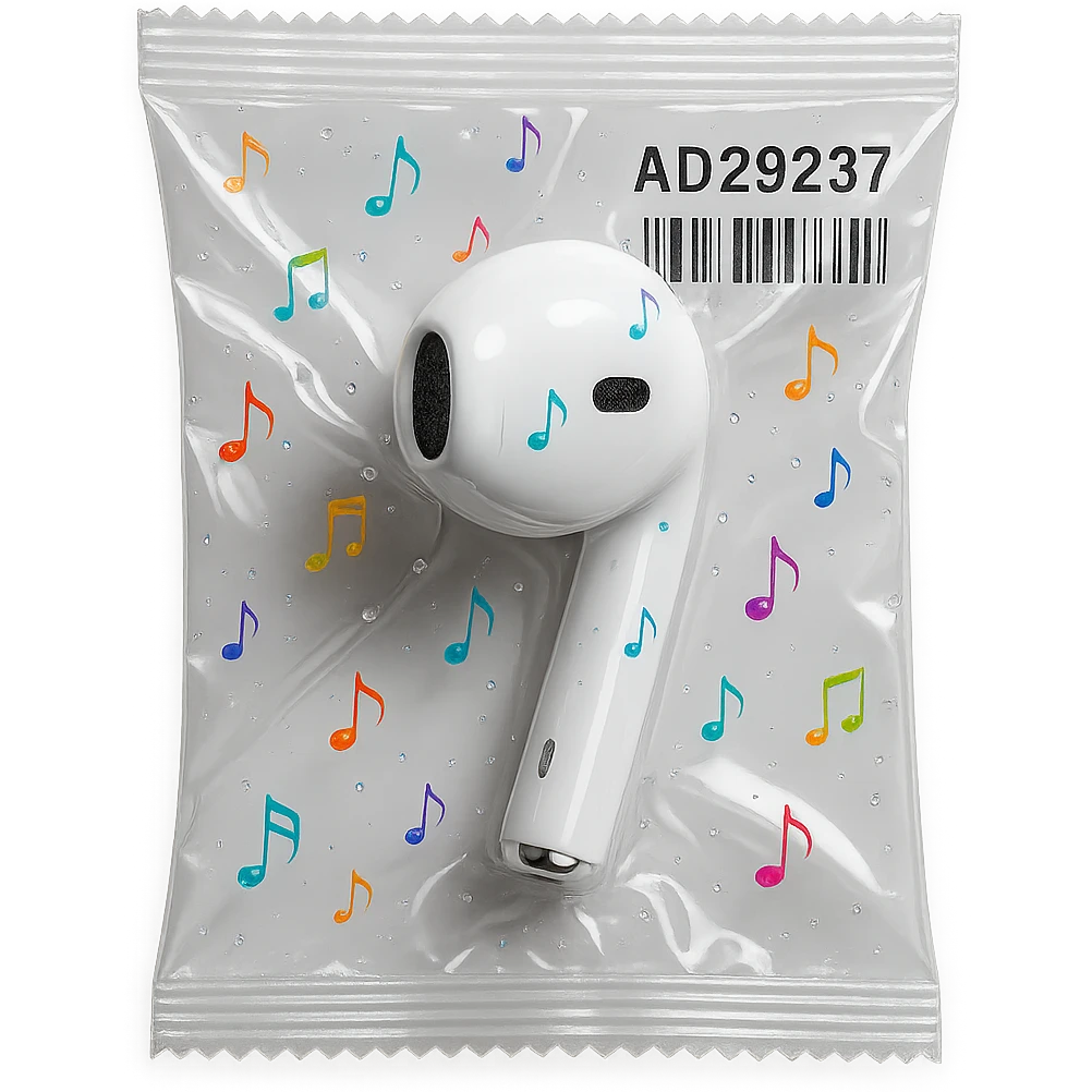 single white EarPod with scattered tiny rainbow glass music notes, glossy emoji