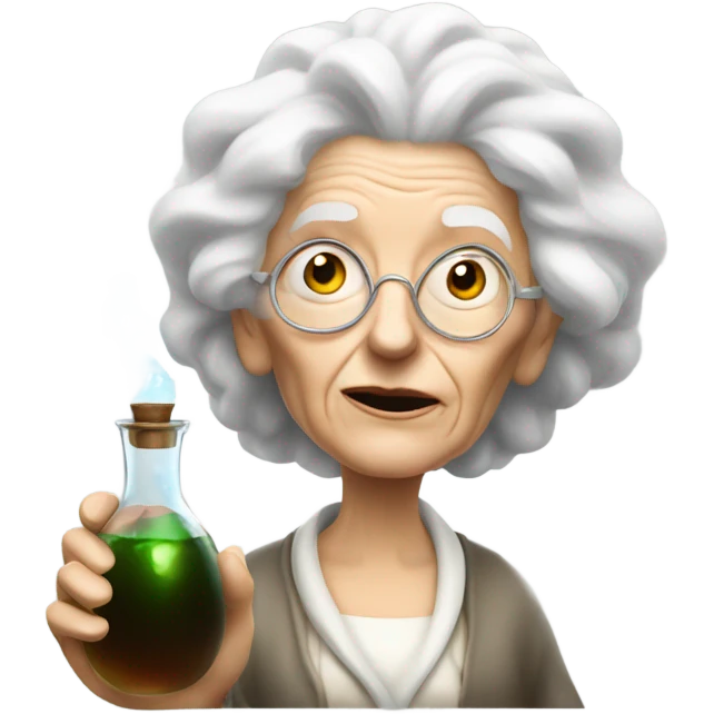 Crazy old lady with big white hair holding a potion bottle emoji