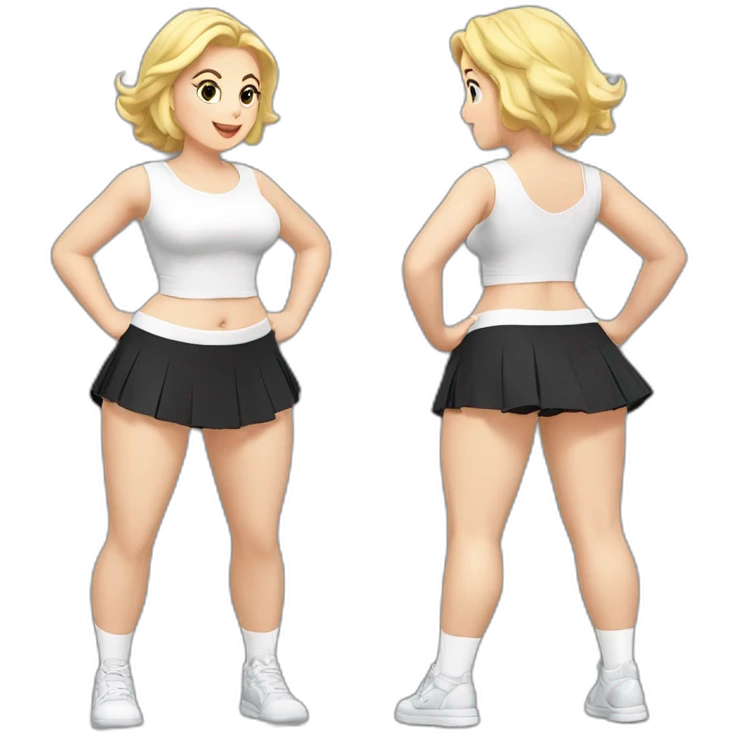 alistic-full-body-caucasian-curvy-beauty-jumping-short-black-skirt-back-and-front-views-strong-wind-white knickers-long-white-socks emoji