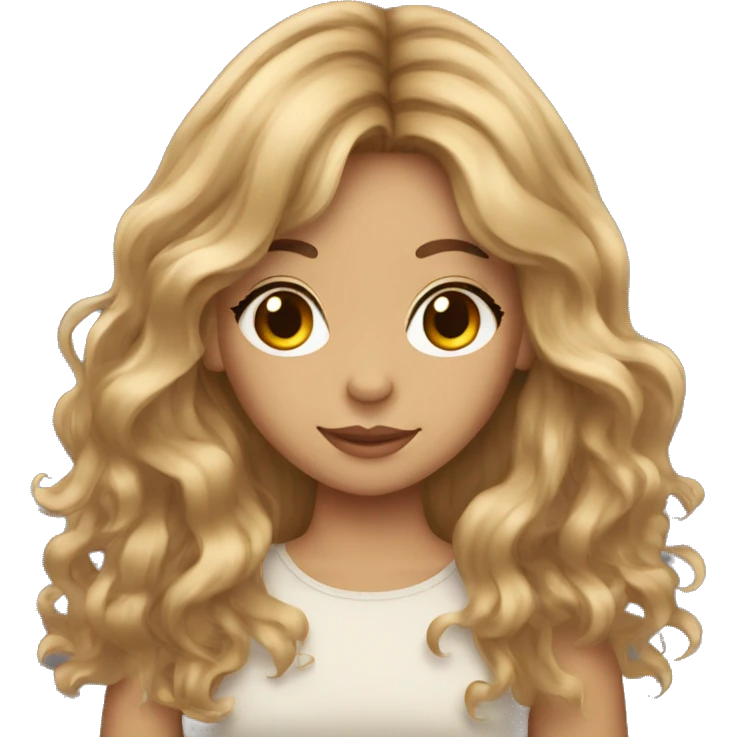 Beautiful, natural-skinned girl with long brown wavy hair, and curtain bangs. emoji