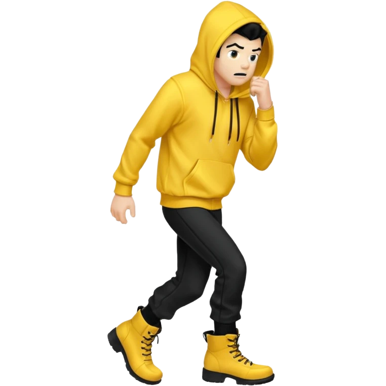 Invincible from the show invincible but whering a yellow hoodie and the mouth covered whering black pants and black boots emoji