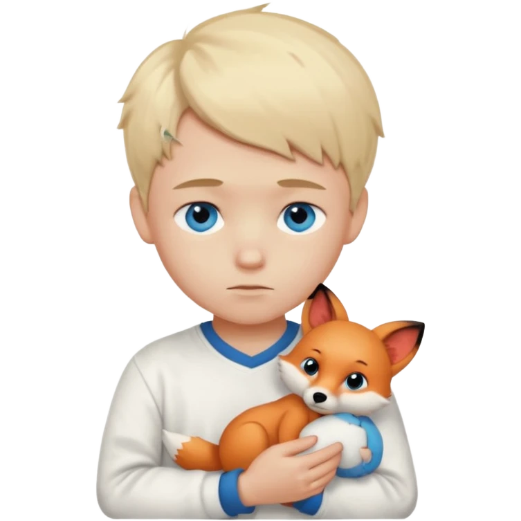 Light blonde,Shy , cute ,young Boy emoji, blue eyes, blushing, looking down, sad, white clothes, with a Small plush toy fox in the arm emoji