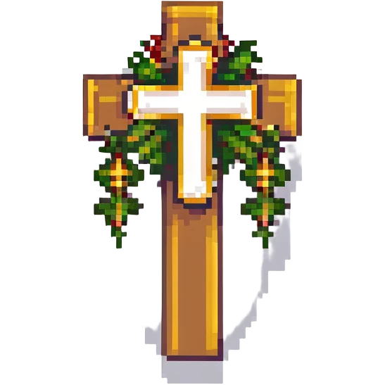Add a golden cross to the holy grail, keep the pixel art style and shining effect, no background. emoji