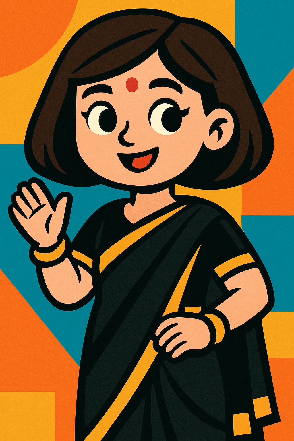 a girl in a black Indian outfit, bob cut brown hair, white skin, in a vibrant toon style emoji