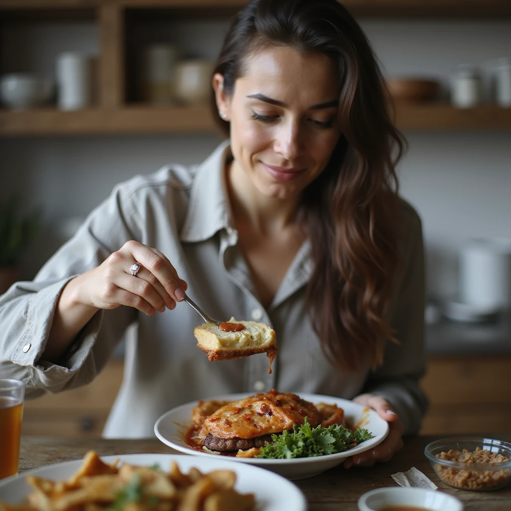 realistic hyper-detailed 4K image of a woman weighing a small portion of food but adding many condiments, with a satisfied expression, in a home environment emoji