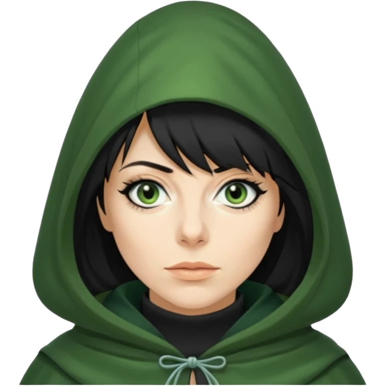 claudia winkleman as a traitor with a green hooded cloak and dark black eyeliner emoji