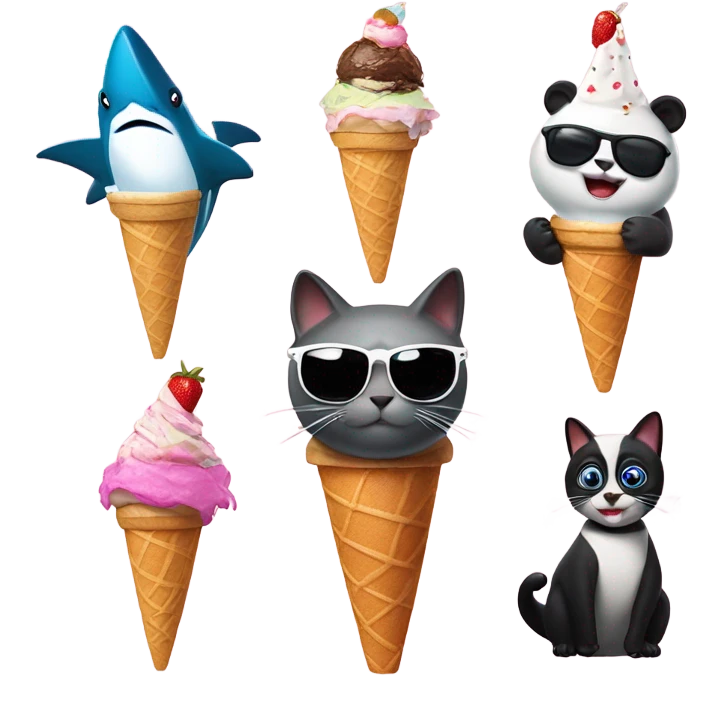 Shark with a top hat panda, eating ice cream cat with sunglasses ￼ emoji