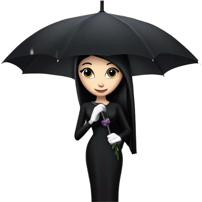 Audrey Hepburn as Morticia Addams at a rainy funeral holding a lacey umbrella.  Jewelry,veil hiding face,gloves,purse.  emoji