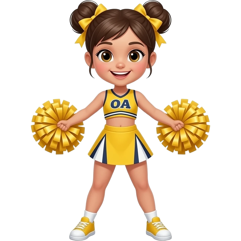 wide body cheerleader girl kid with two sided bun and wear vibrant yellow cheerleader outfit and poom poom in hands emoji