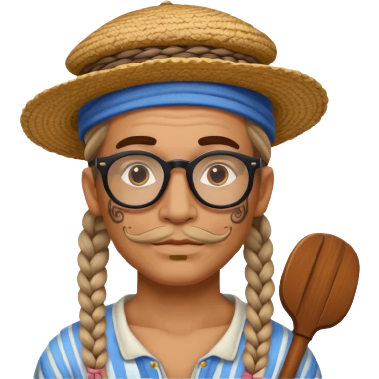 very tattoed face, normal glassess, fat venice gondolier with iconic hat and thick braided hair emoji