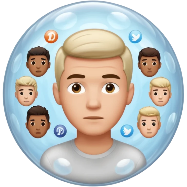 Emoji-style casually dressed man inside a clear bubble surrounded by repeating identical content icons. He can only see one direction, with other viewpoints outside the bubble blurred or muted. Clean-shaven, neutral background, soft lighting emoji