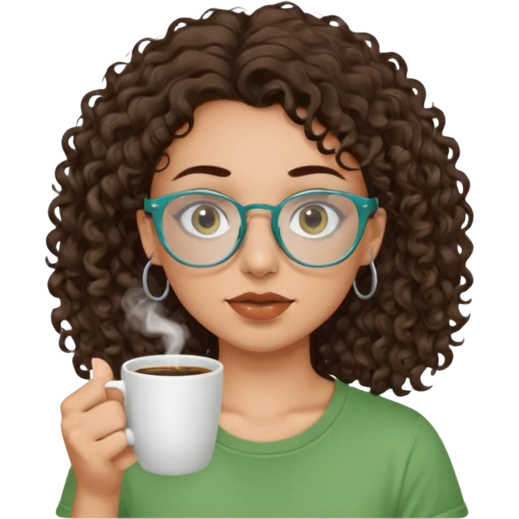 White girl with dark brown curly hair, brown eyes, sky blue glasses, nose piercing septum, green t shirt, drinking coffee from a cup emoji