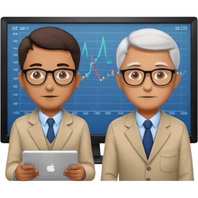 teaching somebody else in person, in the same place, watching the same monitor together, the trainee and trainer are in the similar age, two both are men, the monitor should be showing some data graphs emoji