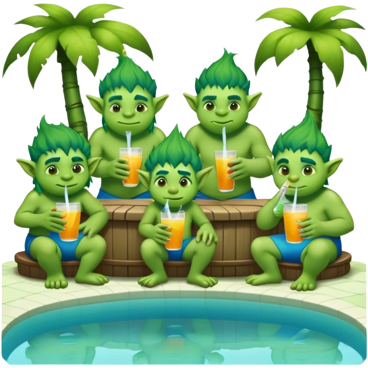 5 trolls in front of a pool drinking  emoji