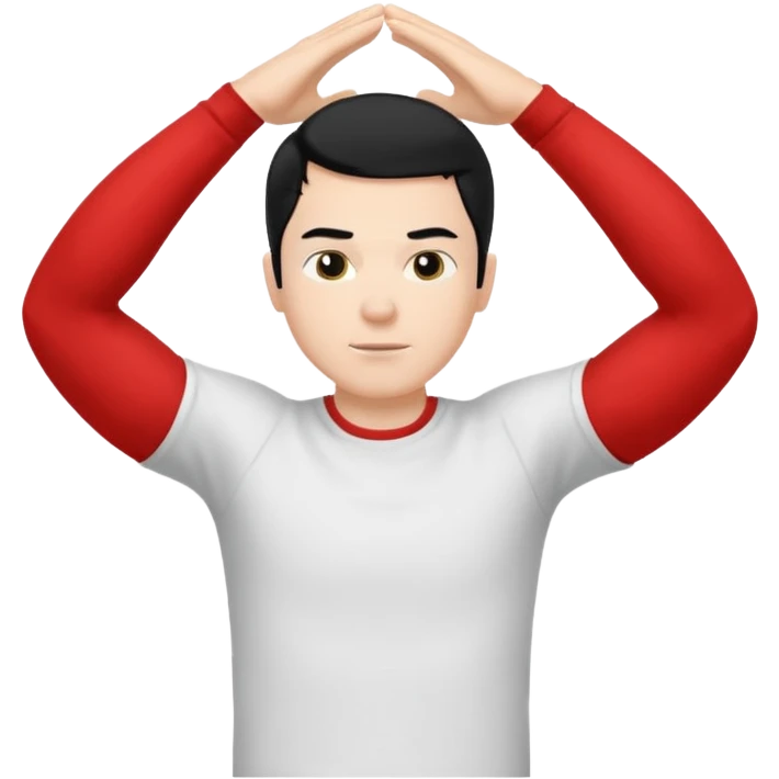 Hombre blanco pelinegro haciendo ejercicio de estiramiento de brazos emoji