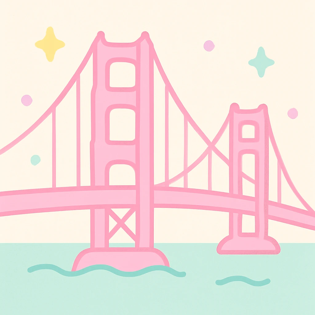 {
  "style_description": {
    "overall_look": "Cute, minimal, and soft with a friendly and playful tone",
    "material_simulation": {
      "primary_material": "flat digital color",
      "texture_detail": "smooth surfaces with no texture or shading",
      "pattern": "none or very simple decorative accents (e.g., hearts, stars)"
    },
    "geometry": {
      "edge_style": "rounded, soft curves with no sharp angles",
      "dimensionality": "flat two-dimensional appearance with simple shapes"
    },
    "color_palette": {
      "scheme": "pastel and light tones",
      "preferred_colors": ["pink", "mint", "lavender", "baby blue", "peach"],
      "contrast": "low contrast with bright accents"
    },
    "facial_features": {
      "eyes": "large, sparkly, often oval or circular",
      "mouth": "small, often a simple curve or dot",
      "expression": "joyful, innocent, or calm"
    },
    "lighting": {
      "type": "none or implied with soft highlights",
      "purpose": "maintain a clean and cheerful look"
    },
    "render_constraints": {
      "avoid": ["realistic shading", "high detail", "dark themes", "texture noise"],
      "focus_on": ["cute expression", "iconic simplicity", "emotional warmth"]
    },
    "background": {
      "color": "white or soft pastel",
      "style": "plain or patterned with simple icons (e.g., polka dots, stars)",
      "lighting_consistency": "no shadows, evenly lit feel"
    }
  }
}

{subject} = golden gate bridge emoji