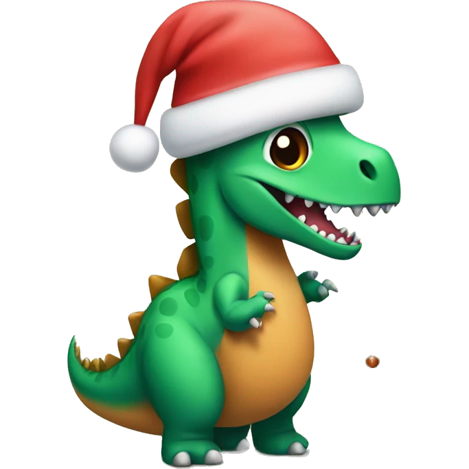 Dinosaur with a Christmas hat next to a Christmas tree emoji
